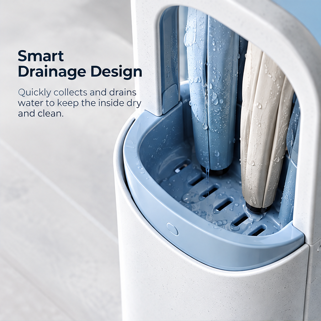 LUMINOUS slim umbrella stand displayed beside a doorway