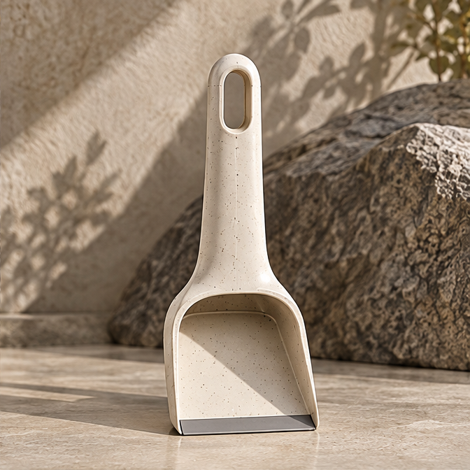Front view of the STONE speckled cream dustpan and integrated handle