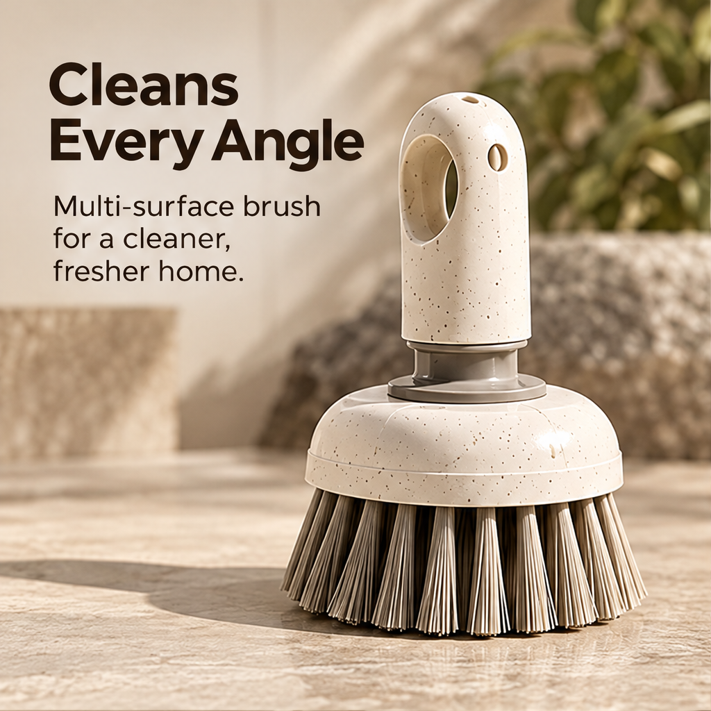 Close-up of the STONE round brush head and dense neutral-toned bristles