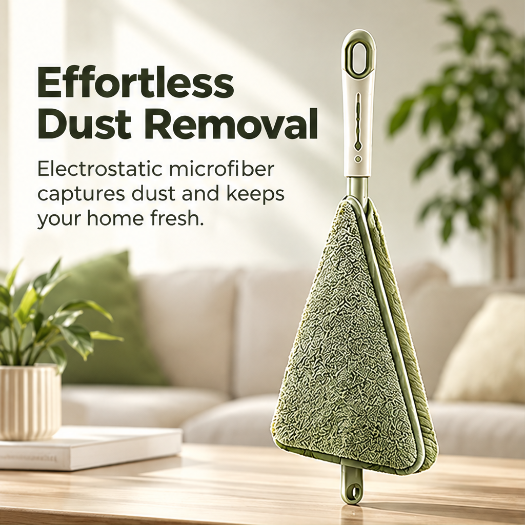 Close-up of the NATURA duster's textured green fibers gathering dust