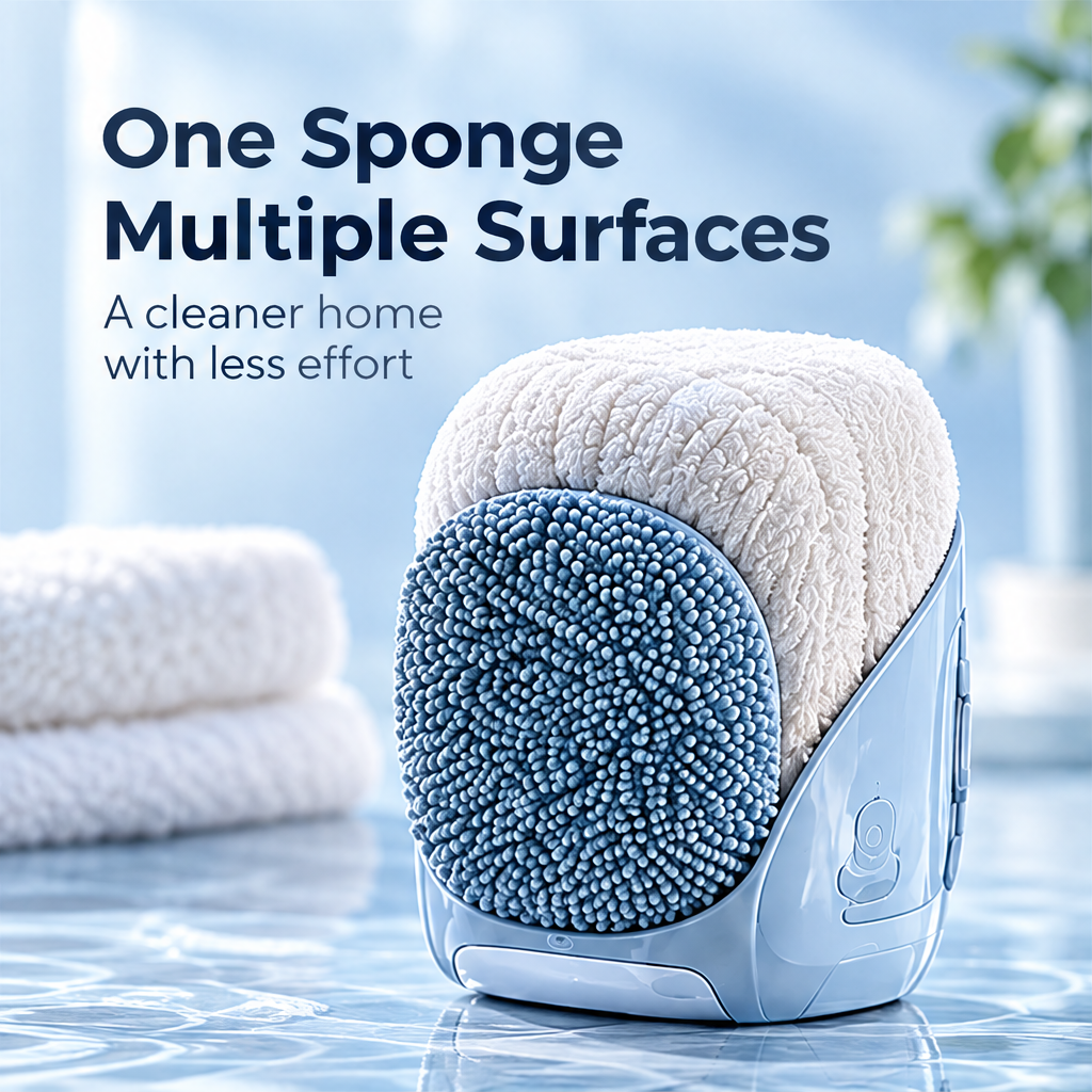 LUMINOUS dual texture cleaning sponge on a blue background without text