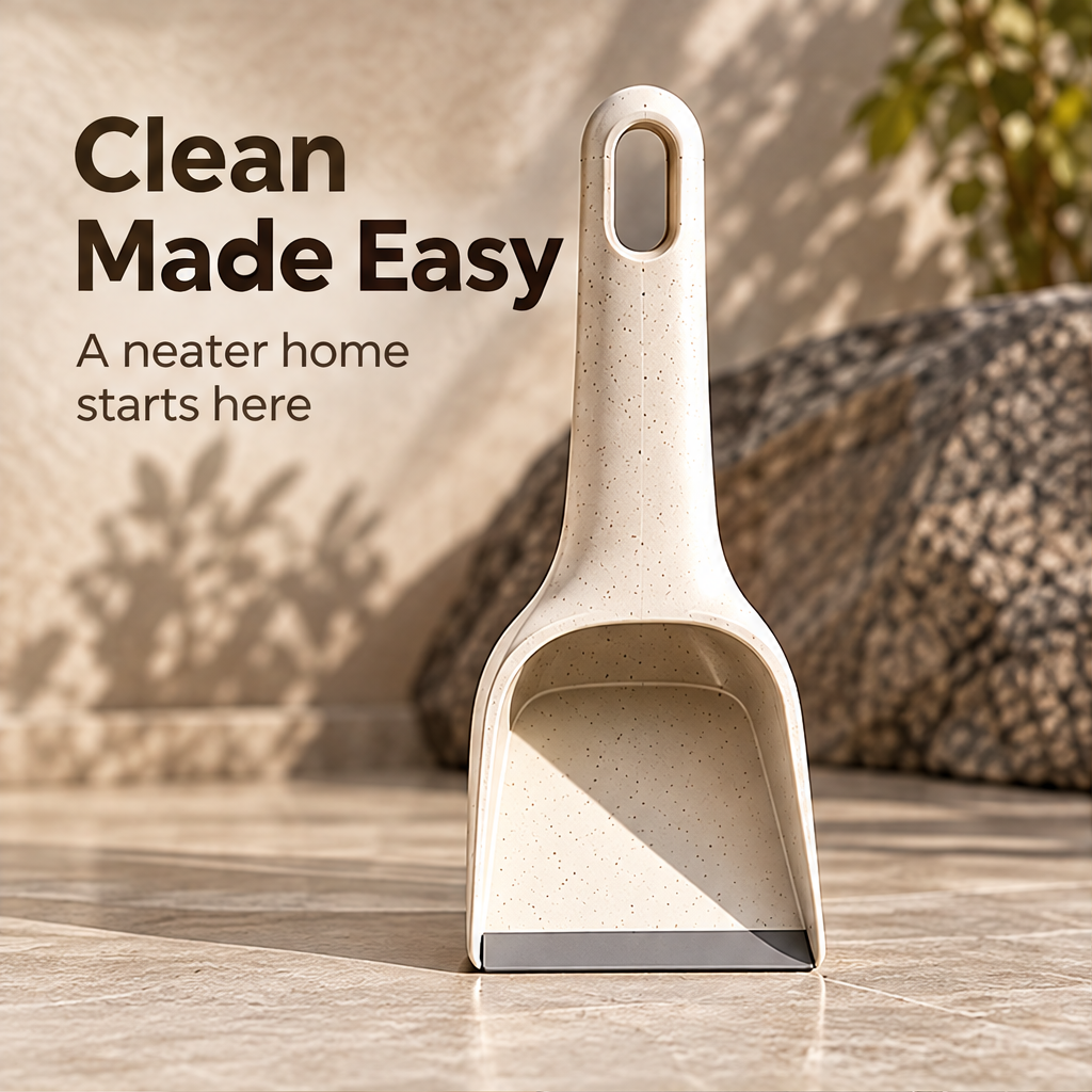 Hand holding the STONE wide-mouth dustpan beside dry crumbs
