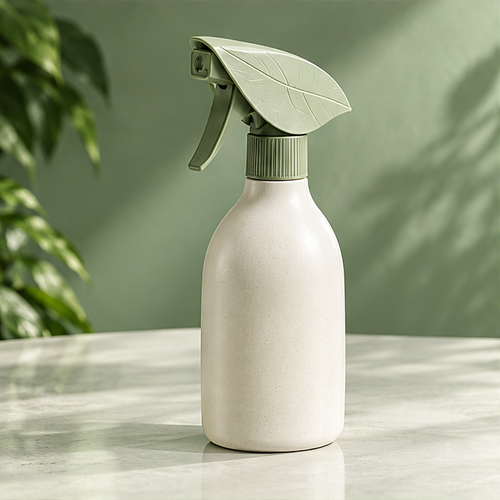 NATURA cream cleaning spray bottle with green leaf-shaped head against a green background without text