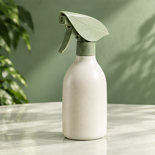 NATURA cream cleaning spray bottle with green leaf-shaped head against a green background without text
