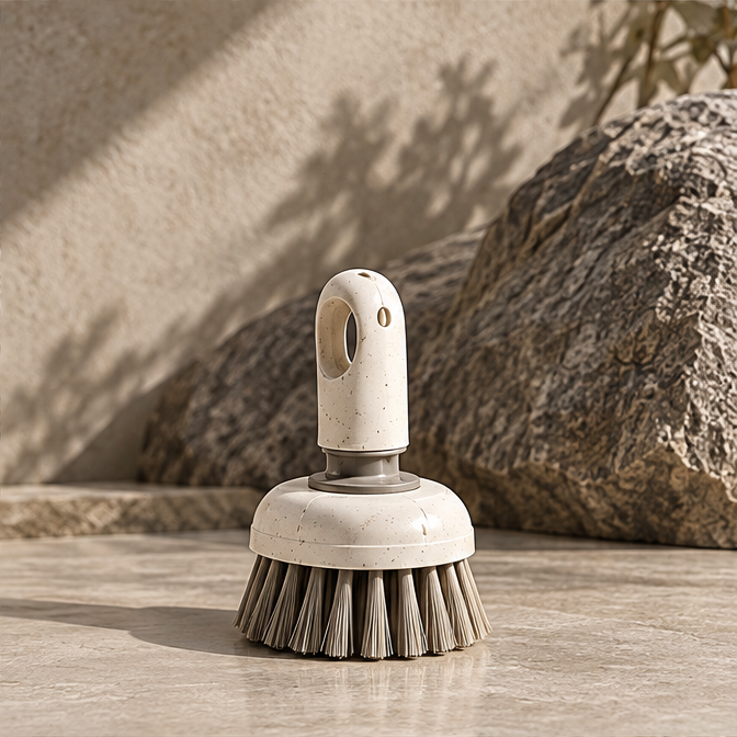 STONE short-handled round scrubbing brush against a rock backdrop without text