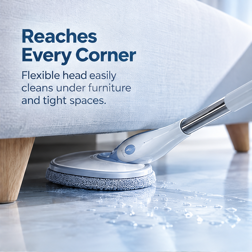 LUMINOUS white and blue spinning floor mop against a blue background