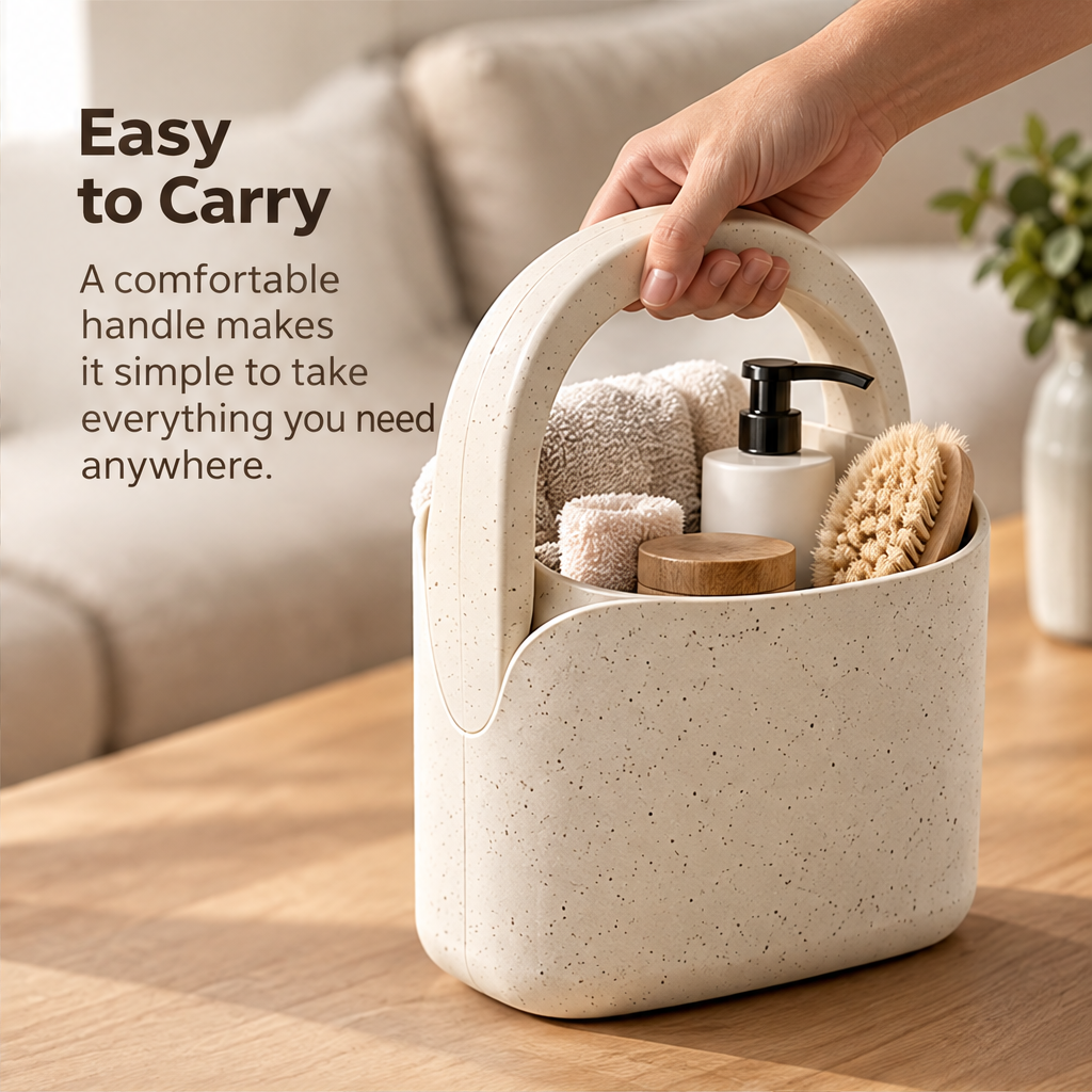 STONE empty speckled cream storage caddy with arch handle against a rock backdrop without text
