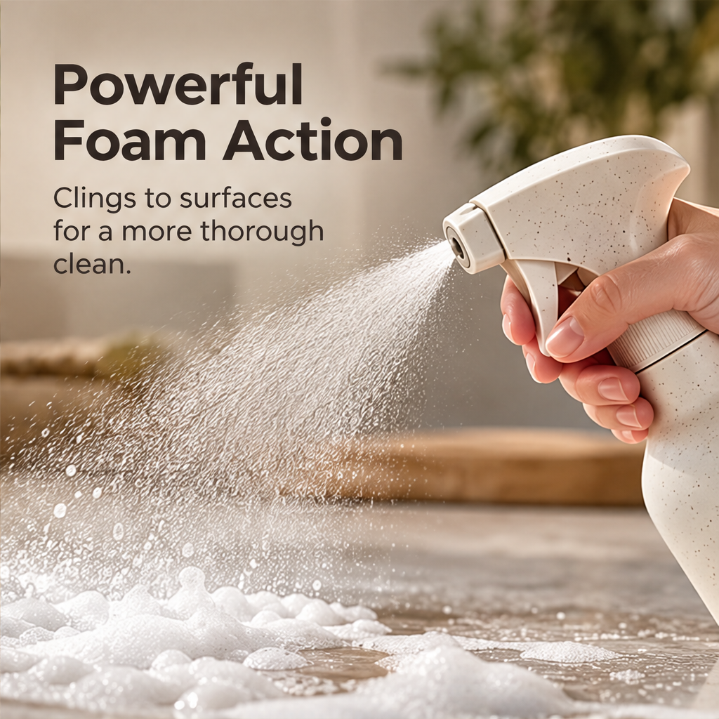 STONE speckled cream trigger sprayer against a rock backdrop without text
