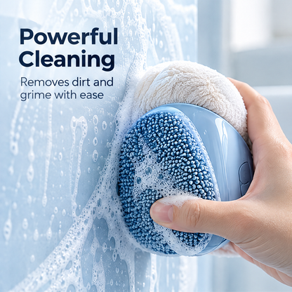 LUMINOUS handheld cleaning sponge shown cleaning wet glass
