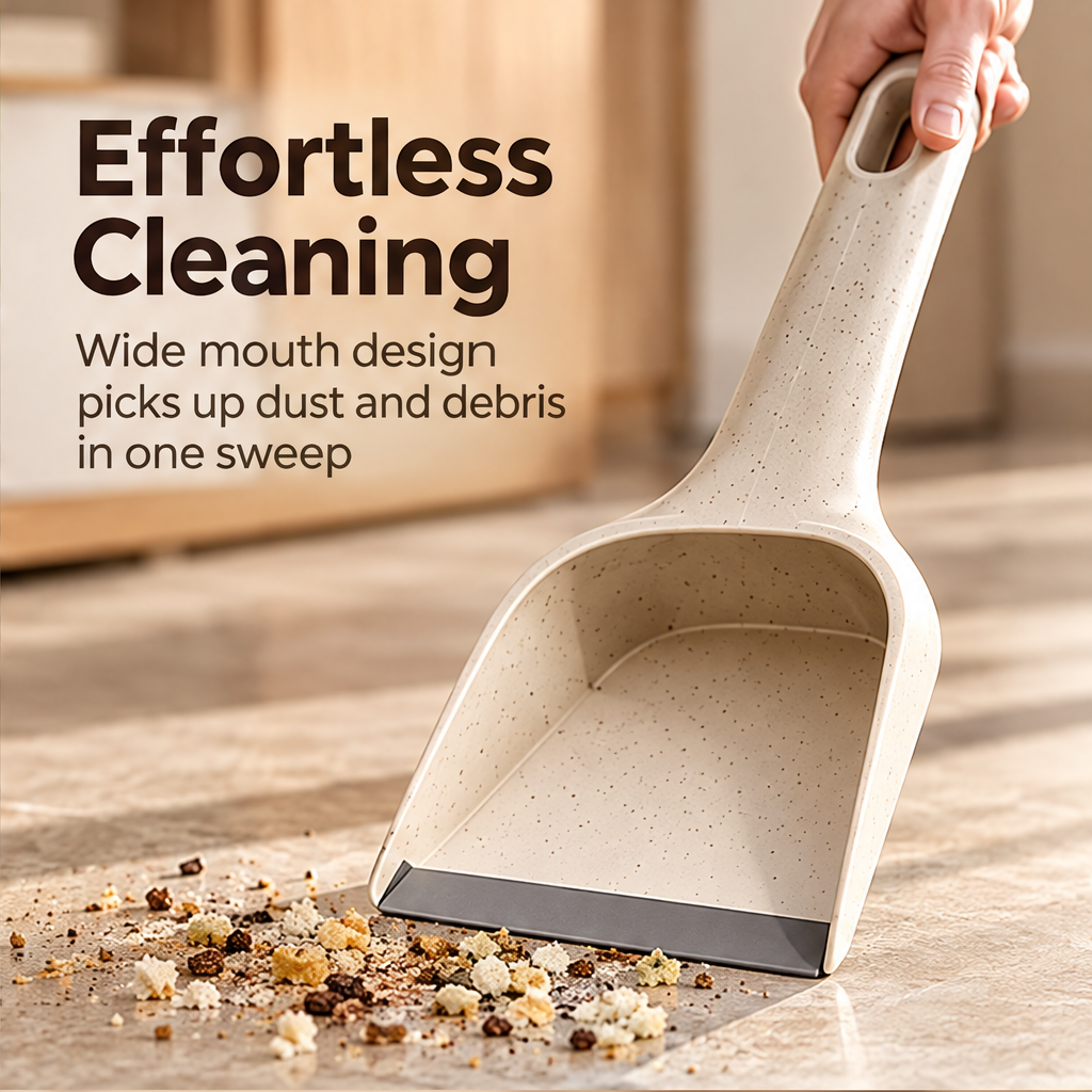 STONE speckled cream hand dustpan against a rock backdrop without text