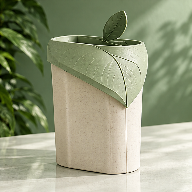 Close-up of the NATURA wastebasket's wide opening and leaf-vein surround