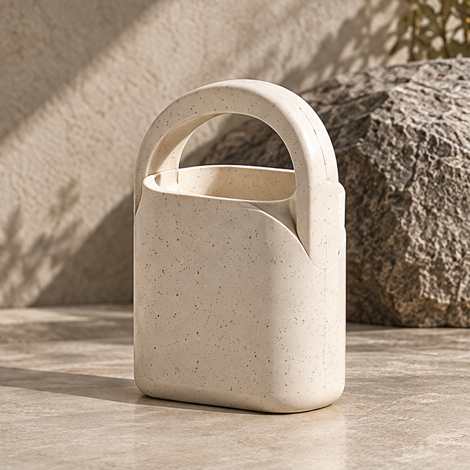 Hand carrying the STONE storage caddy with toiletries and towels shown for styling