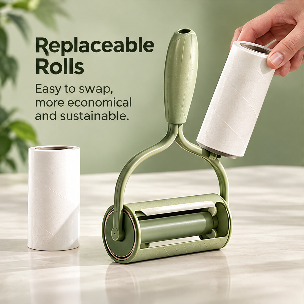 NATURA green adhesive lint roller against a green background without text