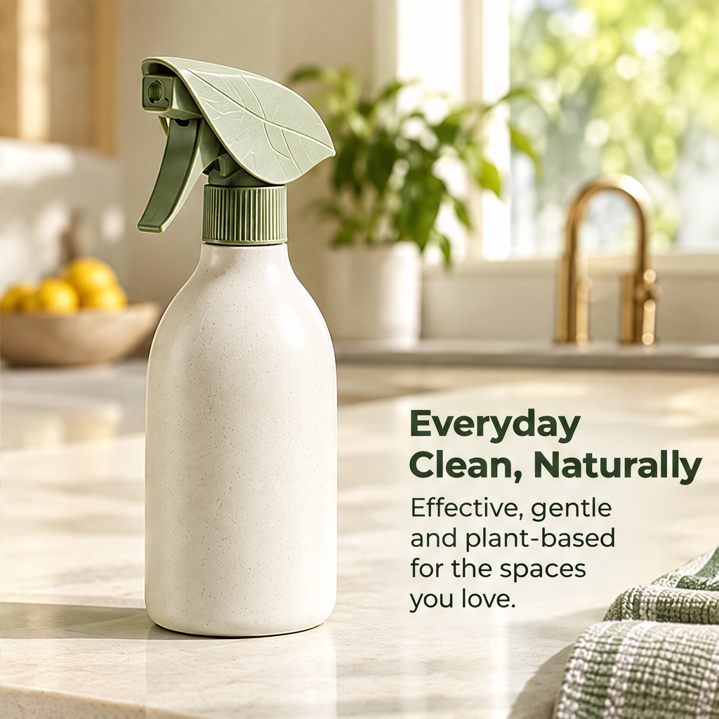 Hand operating the NATURA leaf-shaped cleaning spray trigger