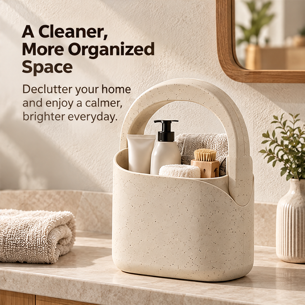 STONE storage caddy organizing toiletries beside a bathroom basin