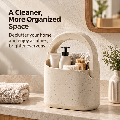 STONE storage caddy organizing toiletries beside a bathroom basin