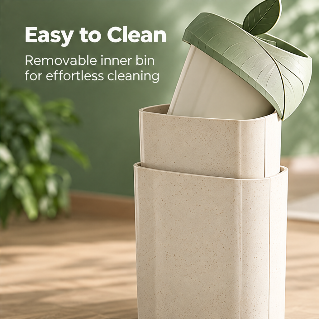 NATURA cream and green leaf-detailed wastebasket against a green background without text