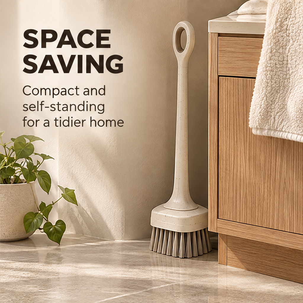 STONE speckled cream long-handle scrubbing brush standing upright without text